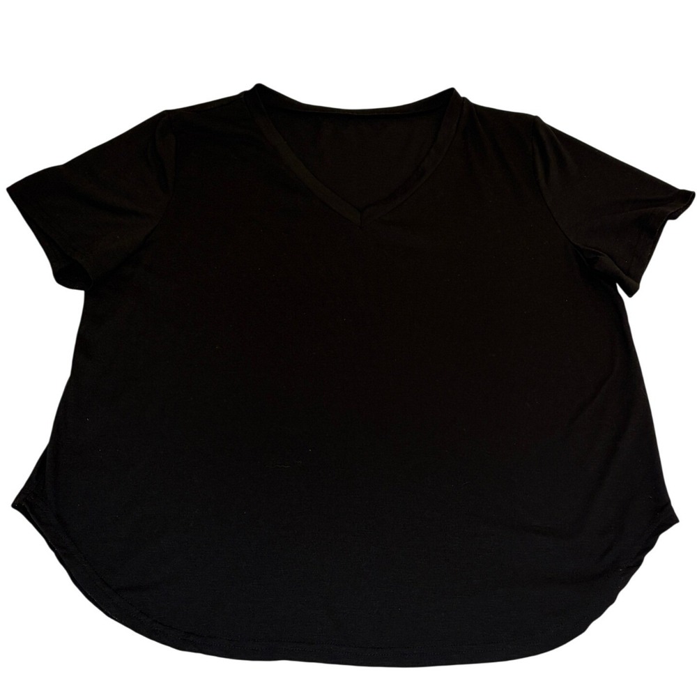 Women Black V-Neck Short Sleeve T-Shirt Curved Hem Plus Size 1X
